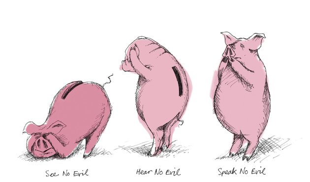 illustration showing pigs doing hear no evil, see no evil, speak no evil poses