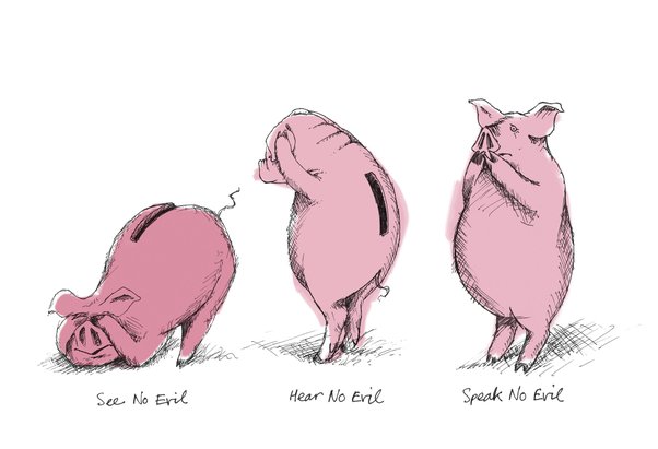 illustration showing pigs doing hear no evil, see no evil, speak no evil poses