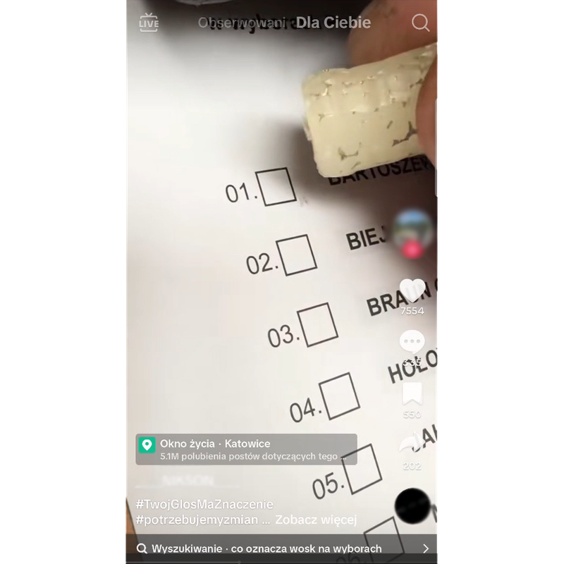 A TikTok post shown to us in which the voter puts wax over the ballot squares of other candidates