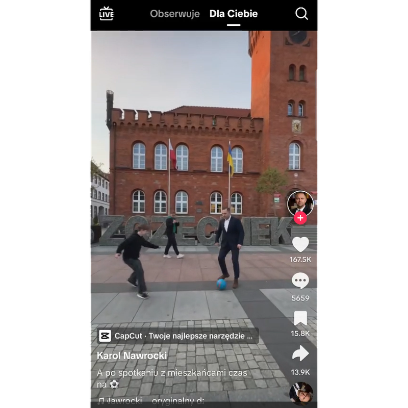 TikTok’s algorithm served our test accounts more than five times as much content supporting nationalist right candidate Nawrocki as his centrist opponent Trzaskowski. This post of him playing football with children was shown to all three of our users