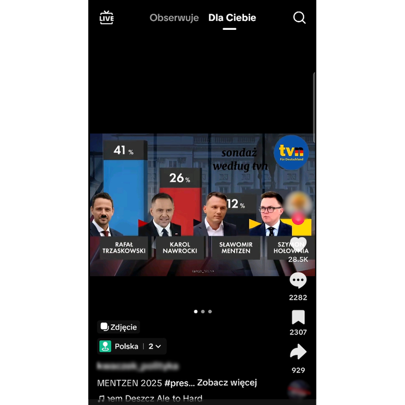 A TikTok post in opposition to centrist candidate Trzaskowski, appearing to give him a Hitler moustache and promoting far-right candidate Sławomir Mentzen