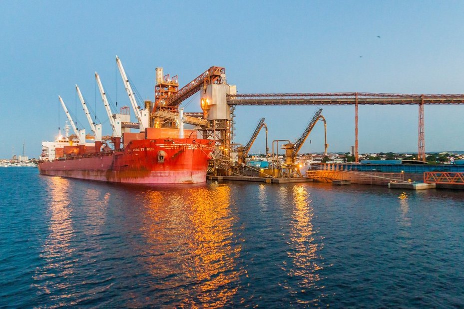 View of ship at soybean terminal of Cargill corporation in a river port of Santarem