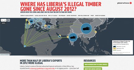 screenshot of interactive map showing Where has Liberia's illegal timber gone since 2012