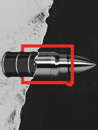 artwork showing bullet framed by red speech mark graphic