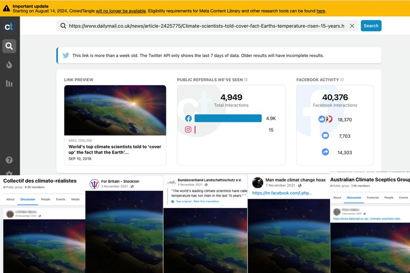 Screenshots of CrowdTangle’s ‘Link Checker’ tool detailing interactions for a 2013 Daily Mail article on public Facebook and Instagram pages and groups. Additional screengrabs show shares of the article on public pages and groups