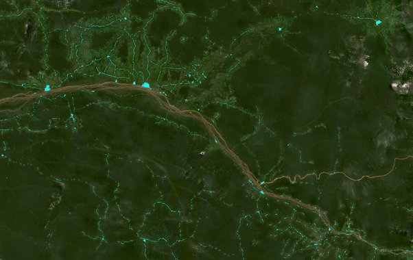 Buildings (bright blue) detected in towns and villages in northern Democratic Republic of Congo