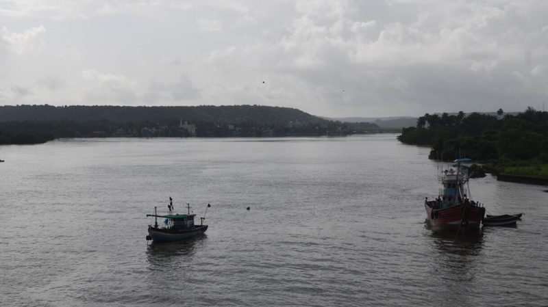 Fishing boats at rest in the Kajali River estuary on the outskirts of Ratnagiri town, Maharashtra, India