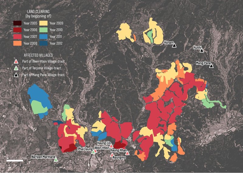 map showing land clearning for rubber plantations