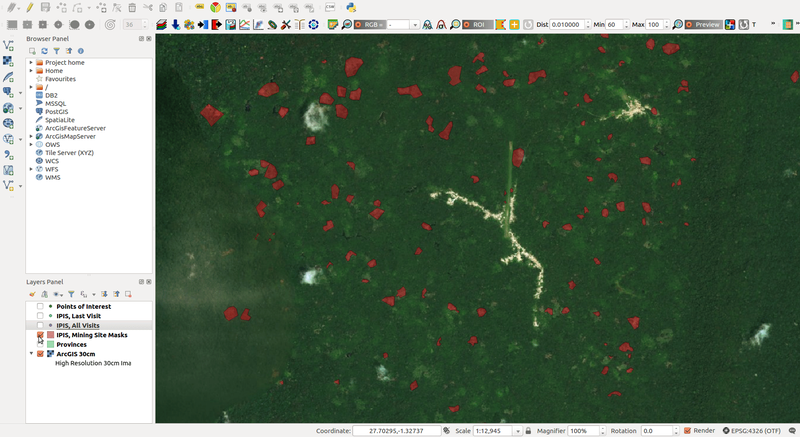 A screenshot of outlines of the manually drawn IPIS mine sites that were used to train the model