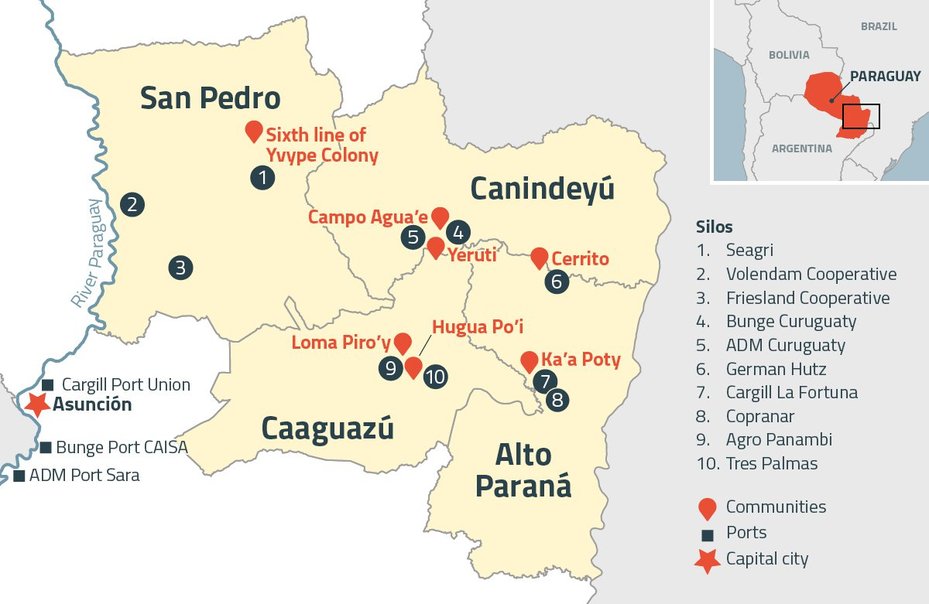 Map of locations in Eastern Paraguay of Indigenous and campesino communities impacted by human rights and land rights harms linked to soy production