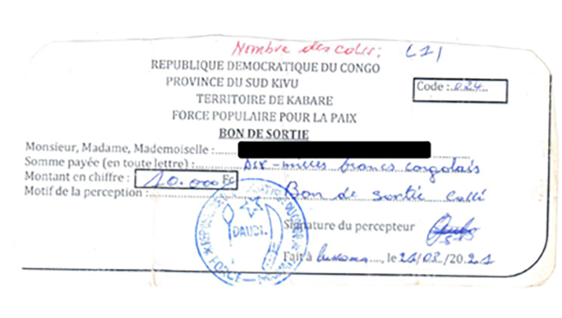 Proof of payment of levies on transported minerals paid to an armed group at Lukoma mine, 2021