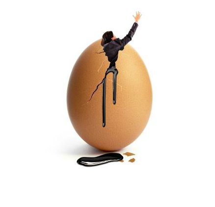 An egg cracking with a person in a suit climbing out of it